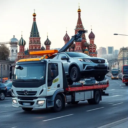 A modern tow truck lifting a car on a busy Moscow street, with recognizable Moscow architecture such as Saint Basil's Cathedral and the Moscow River in the background, under a clear sky and realistic lighting