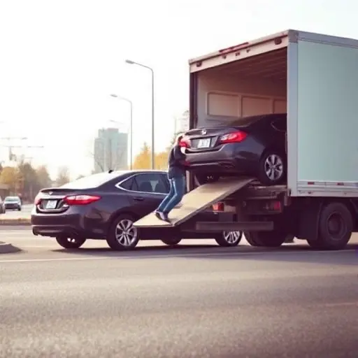 A realistic scene showing a modern tow truck parked beside a car on the side of a road, with the driver opening the truck's rear hatch to load the vehicle, the car's wheels slightly lifted, a clear sky and subtle background of a city street, emphasizing the process of preparing a vehicle for evacuation, no text or signage