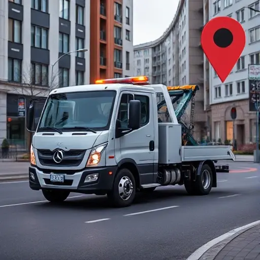 A modern tow truck positioned on a tidy Moscow street in the South-Eastern Administrative District, with nearby city buildings and a subtle map pin marker indicating location; the scene conveys affordability and price transparency through visual cues such as clear glass windows, an open transparent pricing gauge, and friendly lighting, without any textual elements.