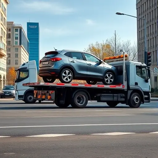 A realistic city street scene on Avangardnaya Street with a modern tow truck performing a full loading of a compact car onto its platform, the car positioned centrally on the truck bed, surrounding urban buildings and streetlights, clear sky, no visible text or signage, captured in a smallHQ style