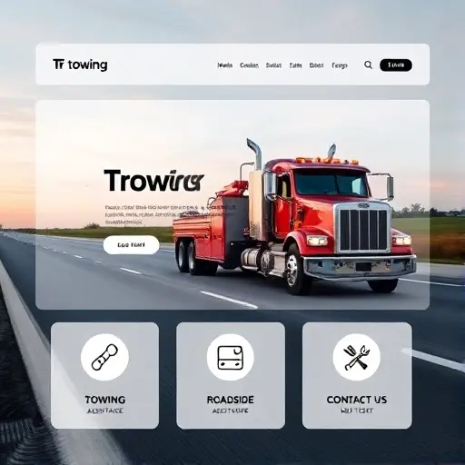 A tow truck on a road with a digital interface overlay showing a website layout, icons for towing, roadside assistance, and contact, all in a clean, modern style, no text