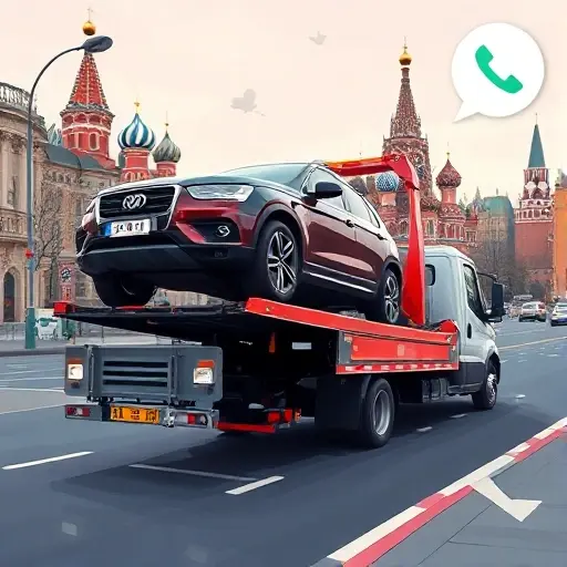 A tow truck pulling a car onto its platform on a Moscow street, with recognizable Moscow city elements such as the Kremlin silhouette or typical Russian apartment buildings in the background, and a subtle illustration of a phone or call icon nearby to suggest contacting authorities, all rendered in a realistic yet compact style