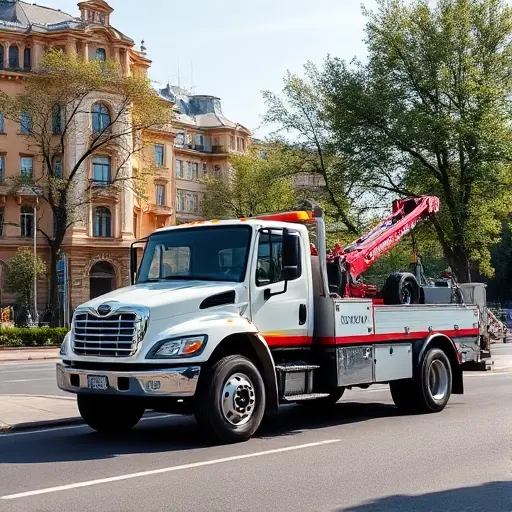 Эвакуатор Москва Строгино: Полное руководство A realistic scene of a tow truck (evakuator) parked on a street in the Strogino district of Moscow, with typical Moscow architecture and trees in the background, under a clear sky, focusing on the vehicle and urban environment