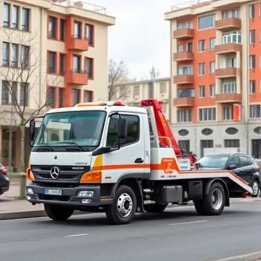 A realistic small-scale high-quality illustration of a modern tow truck with a crane, parked on a city street in the Lubyets area of Moscow, featuring typical Russian architecture and a residential building in the background. The scene conveys a helpful, friendly atmosphere, with the tow truck ready to assist, and contains no visible text or signage.