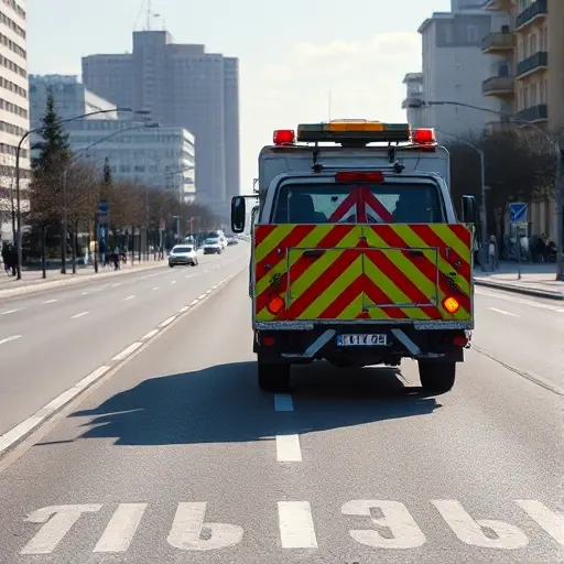 A realistic scene of a tow truck (evacuator) on a Moscow street, with a clear road stretching ahead, city buildings in the background, and visual cues suggesting evacuation distance such as road markings and distance markers without any text or numbers, under a bright sky
