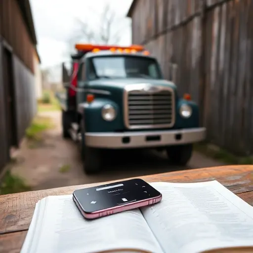 A tow truck parked in a narrow alley in a rural setting, with a wooden table beside it holding an open phone directory book, and a smartphone lying on the table showing a search icon and a simple map outline, all in a realistic style, no text or letters visible.