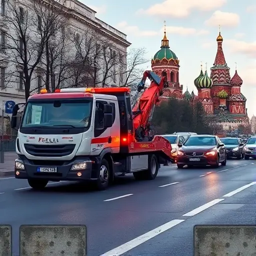 Эвакуатор Москва: Полное руководство по выбору и заказу A modern tow truck pulling a car on a busy Moscow street, with recognizable Moscow architecture such as the Kremlin dome in the background, under a clear sky, realistic lighting, no text or signage