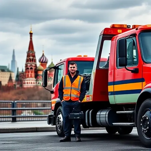 водитель эвакуатора в москве A tow truck driver in Moscow standing beside a tow truck with a city skyline in the background, wearing a reflective vest and holding a toolbox, with iconic Moscow landmarks such as St. Basil's Cathedral visible in the distance, no text or lettering in the image