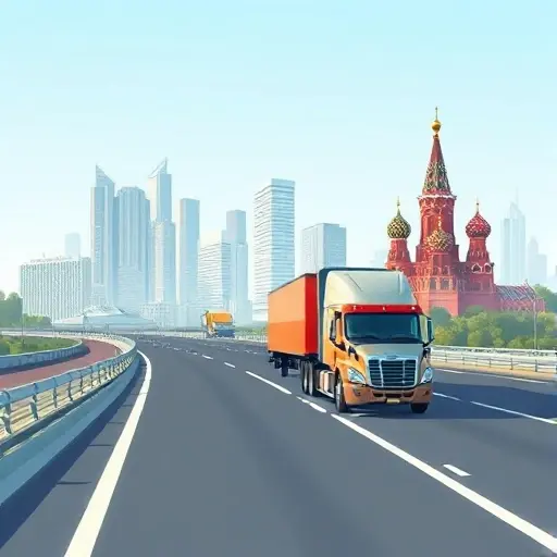 Эвакуатор Ростов-Москва: Полное руководство по ценам и услугам A realistic illustration of a tow truck traveling on a highway that links the skylines of Rostov and Moscow, showing the vehicle with its trailer against a clear sky, emphasizing the journey between the two cities without any text or symbols