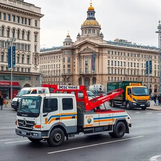 A realistic depiction of a tow truck parked on Bolshaya Cheremushkinskaya Street in a bustling Russian city, with a backdrop of historic buildings and street signs. The scene includes several types of tow trucks—flatbed, hook-and-chain, and wheel-lift—each positioned to illustrate their distinct functions. The vehicles are detailed, showing their equipment and color schemes, while the street is lively with pedestrians and traffic, capturing the urban atmosphere.