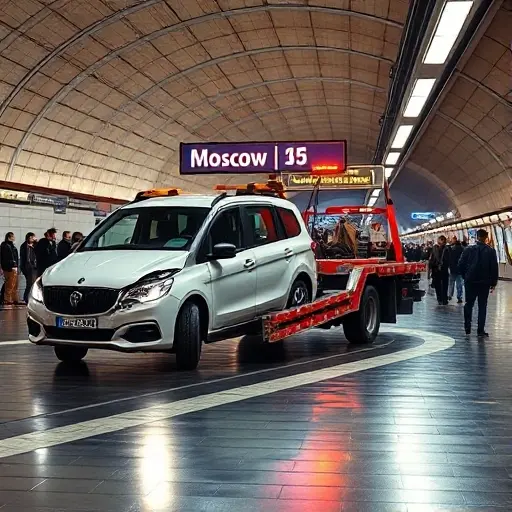 A realistic tow truck pulling a damaged car inside a bustling Moscow metro station, with commuters in the background, bright station signage, and a clear view of the underground platform, all depicted in a detailed, high-resolution style.