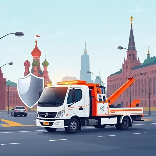 A realistic illustration of a modern tow truck (evakuator) parked on a Moscow street near recognizable city building silhouettes, with subtle symbols of insurance such as a translucent shield floating nearby to emphasize responsibility and protection, rendered in a clean, detailed smallHQ style, without any text or lettering.