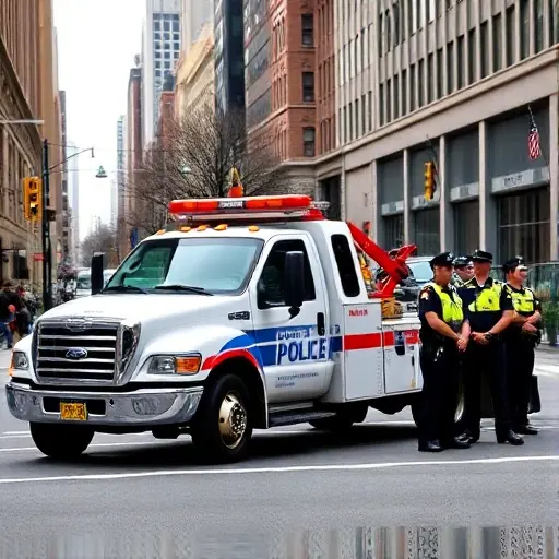 эвакуатор полиция A tow truck parked beside a police car on a busy city street, with police officers in uniform standing nearby, no text or numbers visible