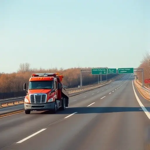 A realistic scene of a tow truck on Varshavskoye Highway near Moscow, with the truck pulling a disabled car along the road. The highway stretches into the distance with typical Russian road signs and surrounding trees, under a clear sky. The focus is on the tow truck and the vehicle being towed, showing the service in action.