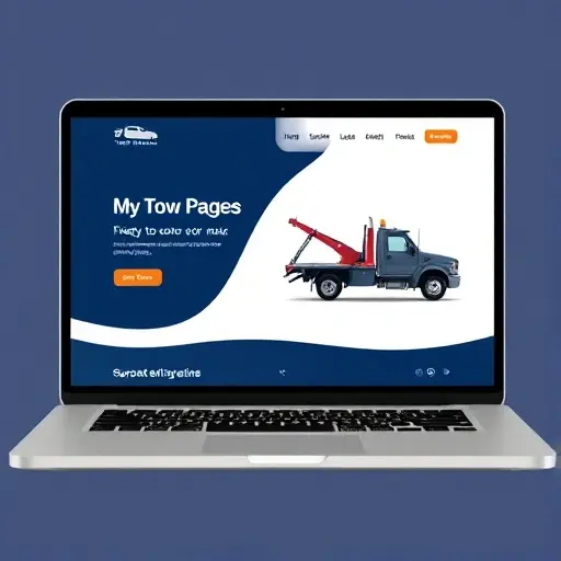 A clean, modern home page layout for a tow truck service website, shown on a laptop screen. The design features a bold, stylized tow truck icon in the header, a large hero image of a tow truck pulling a car, a navigation bar with icons only, and a subtle color palette of navy blue and white. The overall aesthetic is professional and reassuring, with smooth curves and a minimalistic layout. No text or letters should be visible.