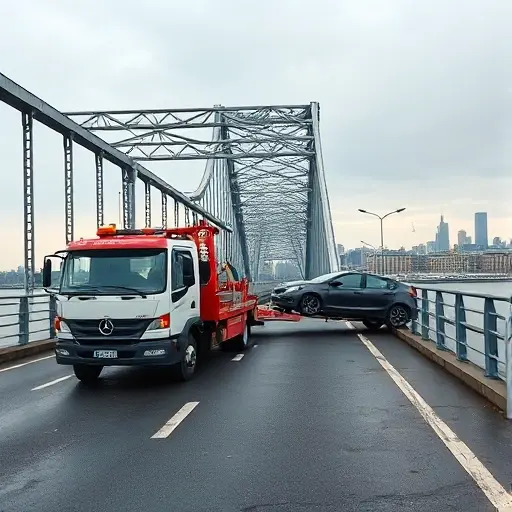 A tow truck parked on the Aminyevsky Bridge with a broken car being towed, showing the bridge’s steel structure and the surrounding city skyline, no people, no text, no other vehicles, in a realistic style