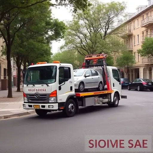 Эвакуатор на 1-й Автозаводский проезд: Полное руководство A realistic tow truck (evacuator) parked on a residential street with trees and typical city buildings, gently lifting a small car onto its platform. The scene shows a calm urban environment with a paved road, streetlights, and a few parked cars, but no visible signs, numbers, or text.