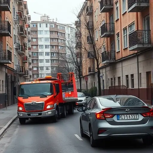 A tow truck in a Moscow residential microdistrict, pulling a car that is illegally parked on a narrow street lined with typical Soviet-era apartment buildings, with a clear sense of urban environment and traffic flow, no text or signage, realistic lighting and perspective