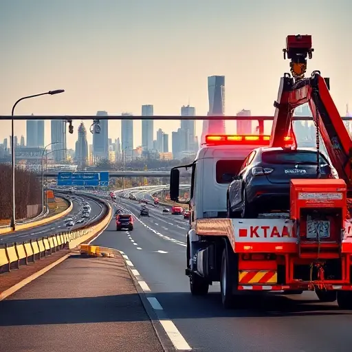 A realistic scene of a tow truck (evacuator) parked on a busy Moscow highway near the MKAD ring road, with the city skyline in the background, showing the truck's hook and a car being lifted, under a clear sky, without any text, logos, or people in the frame