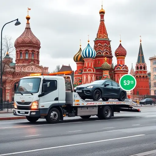 A realistic scene of a tow truck in Moscow, pulling a car onto the street near recognizable Moscow landmarks such as the Kremlin dome and St. Basil's Cathedral, with a subtle price tag icon floating nearby to suggest cost, all rendered in a crisp, high‑detail smallHQ style