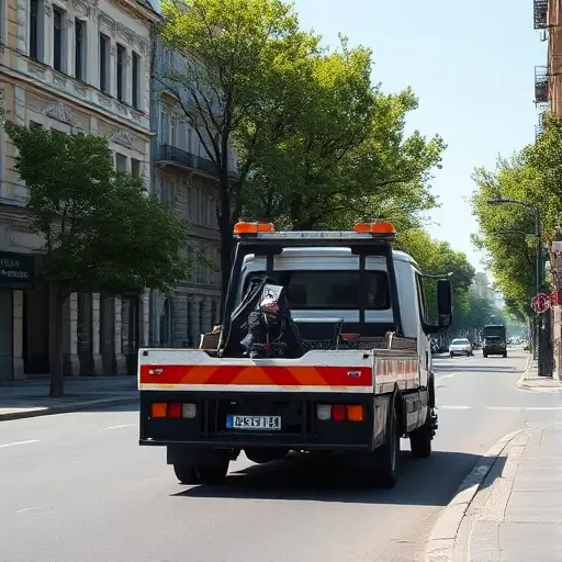 Эвакуатор на Алексеевской улице: Полное руководство A realistic scene of a tow truck parked on Alekseevskaya Street, with the street lined by typical city buildings, trees, and a curb. The tow truck is the focal point, showing its hook and lights, but without any visible text, logos, or other vehicles. The atmosphere is clear daylight, emphasizing the urban environment and the tow truck's presence.