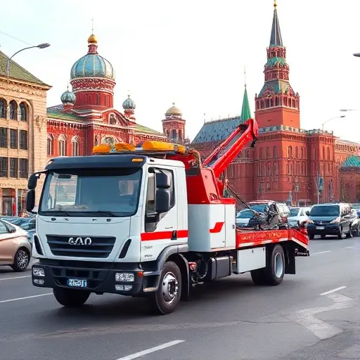 A professional tow truck (evacuator) parked on a busy Moscow street, with recognizable Moscow architecture such as the Kremlin dome and red brick buildings in the background, under a clear sky. The scene conveys a reliable, day-long towing service, showing the truck's equipment and a city environment, without any text, logos, or people.
