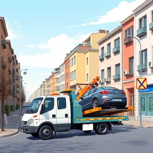 A realistic smallHQ style illustration of a tow truck on the first Frezernaya Street, showing the truck on a typical urban street lined with low‑rise buildings, a parked car being lifted onto the truck’s platform, and a clear sky, without any text, signs, or numbers
