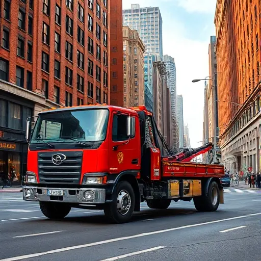 Эвакуатор на 1-й Муравской улице: Полное руководство A realistic tow truck parked on a bustling city street, with tall brick buildings lining the road, a clear sky, and subtle reflections on the truck's chrome. The scene should capture the essence of 1st Muravskaya Street without any textual signage, focusing on the vehicle and urban environment.