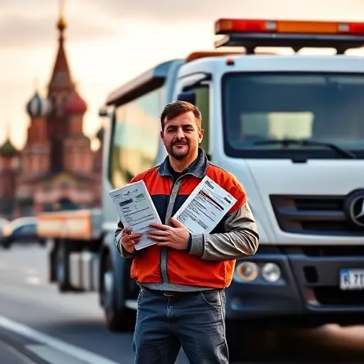 A professional tow truck driver in Moscow standing beside a modern tow truck, holding a stack of official documents such as a driver's license and vehicle registration, with recognizable Moscow cityscape elements like the Kremlin silhouette in the background, all depicted in a realistic yet compact high-quality style