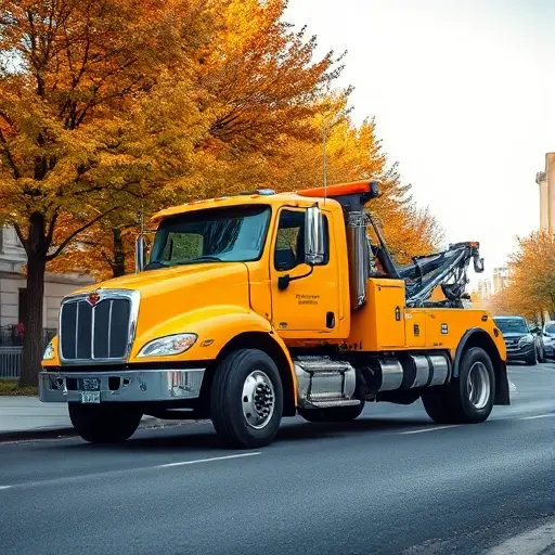A modern yellow tow truck parked on a quiet city street with autumn trees, daytime, realistic photography