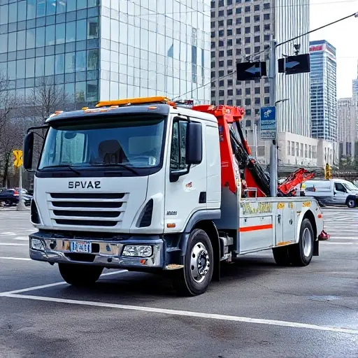 A modern tow truck parked at the 1st crossing of the Mirror, with a clear view of the surrounding cityscape, no text or signage visible, no people, no other vehicles, in a realistic style.