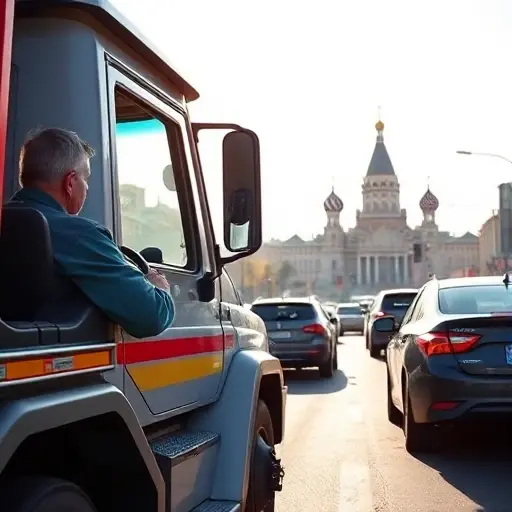A modern tow truck with a driver on a busy Moscow street, the Kremlin silhouette visible in the background under bright daylight, the driver holding a smartphone, the truck's hook ready, realistic city traffic scene