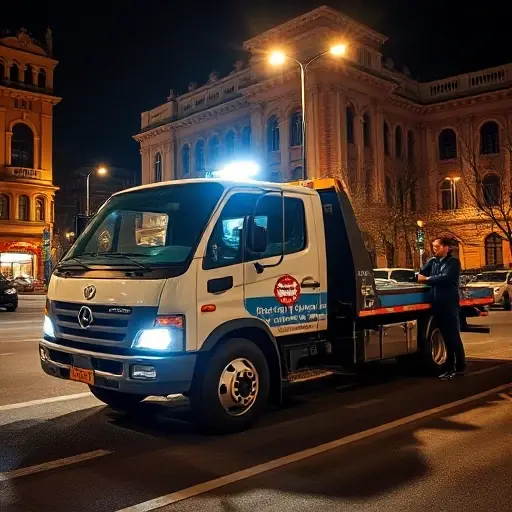 A reliable tow truck parked on a Moscow street at night, illuminated by streetlights and the glow of nearby buildings, with a friendly driver standing beside it, showcasing a clean, professional vehicle ready for 24/7 service, set against a backdrop of recognizable Moscow architecture, emphasizing affordability and readiness without any text or signage