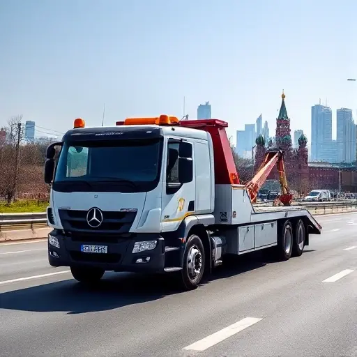 A modern tow truck driving along a city street with a recognizable Moscow skyline in the background, showing a clear road and distance markers without any numbers or text, under a bright daytime sky.