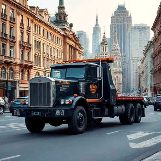 грузовой эвакуатор москва A robust cargo tow truck parked on a busy Moscow street, surrounded by typical city architecture such as historic buildings and modern apartments, with the iconic Moscow skyline in the background; the scene captures the truck's large winch and flatbed, realistic lighting, and a sense of urban activity, without any text, logos, or people