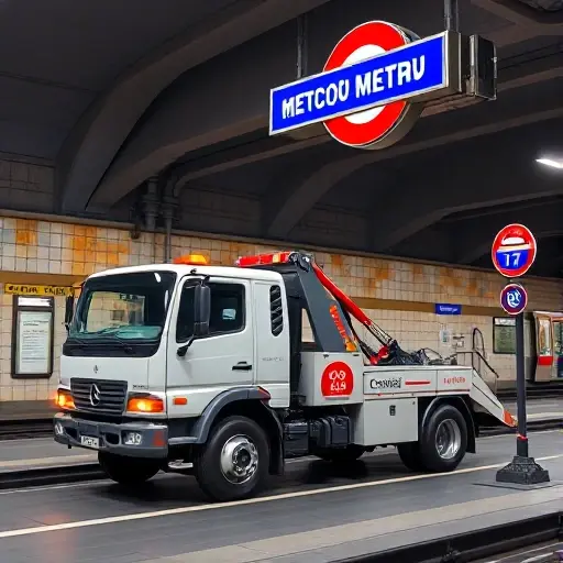 A tow truck parked on a Moscow metro platform, with a prominent Moscow metro sign in the background, a clock showing time, a fuel gauge, a weight scale, and a distance sign, all depicted without any text, letters, or digits