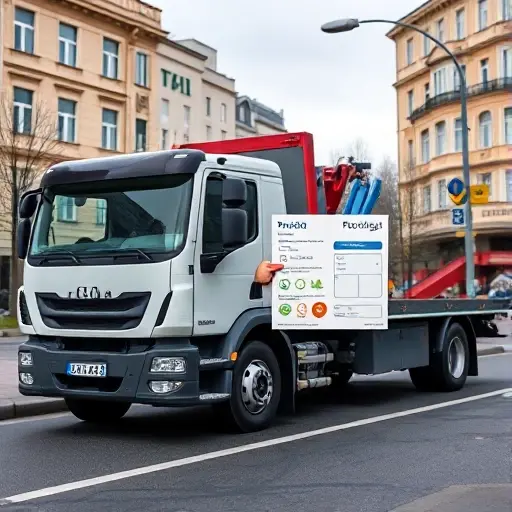 A realistic scene of a modern tow truck parked on a Moscow street, with the driver standing beside it holding a generic vehicle registration document that shows only icons and symbols, no readable text. The background shows typical Moscow architecture, but without any visible street signs or logos. The focus is on the tow truck, the driver, and the document, conveying the concept of having proper vehicle documents for a towing service.