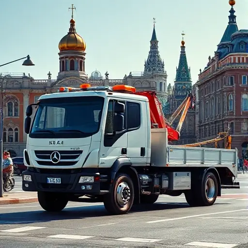 A realistic scene of a tow truck (evacuator) parked on a Moscow street, with recognizable Russian architecture and city landmarks in the background, under a clear sky. The truck is shown ready for a 24‑hour service, with subtle visual cues like a clock face on the dashboard indicating a full day, but without any visible text, letters, or numbers. The composition emphasizes the vehicle and the urban environment, conveying a professional, reliable service in the city.