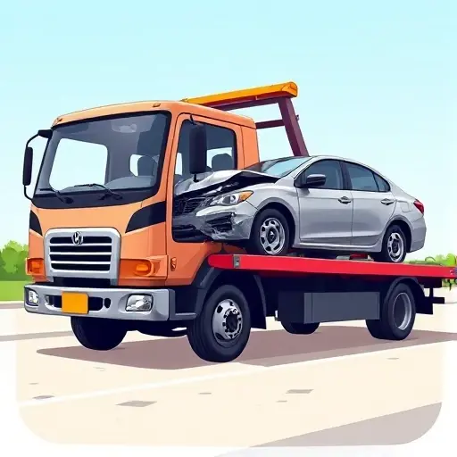 A realistic illustration of a tow truck partially loading a damaged car onto its flatbed, showing the front and side of the truck with the partially loaded vehicle, in a bright daytime setting, no text or signage