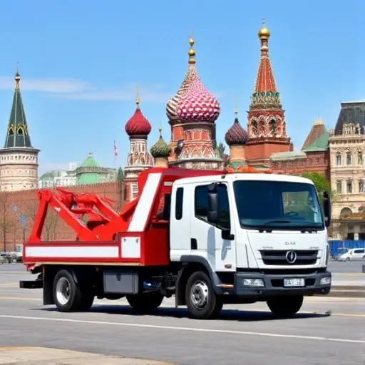 A reliable tow truck operating in Moscow, positioned in front of recognizable Moscow city landmarks such as the Kremlin silhouette or a typical Moscow street with historic buildings, under a clear sky. The scene conveys affordability and trustworthiness, showing the tow truck with a clean, professional appearance, subtle motion indicating it is ready to assist, without any text or signage.