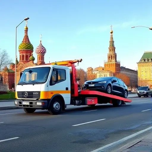 Автоэвакуаторы дешево в Москве: Полный гид A realistic scene of a tow truck pulling a car on a Moscow street, with recognizable Moscow architecture such as the Kremlin domes or typical apartment buildings in the background, under a clear sky. The tow truck is modern, bright, and the atmosphere suggests an affordable service, with no text, logos, or signage.