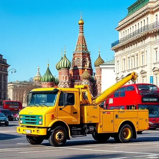 городской эвакуатор москва A bright yellow tow truck parked on a bustling Moscow street, with iconic red double‑decker buses and the Kremlin’s silhouette in the background, under a clear blue sky, showing the city’s urban vibe.