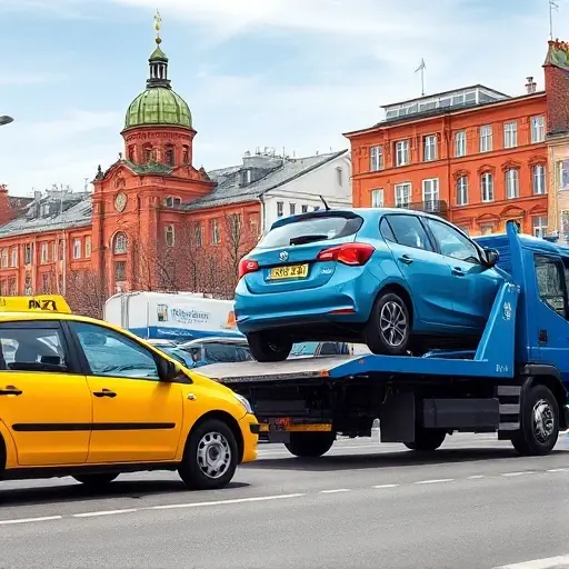 Кар такси эвакуатор Москва A busy Moscow street scene featuring a yellow taxi and a blue tow truck side by side, with a compact car being lifted onto the tow truck's platform. The background shows recognizable Moscow architecture such as the Kremlin dome and red brick buildings under a clear sky. The composition is dynamic, showing the vehicles in motion with realistic lighting and reflections, without any text or signage.