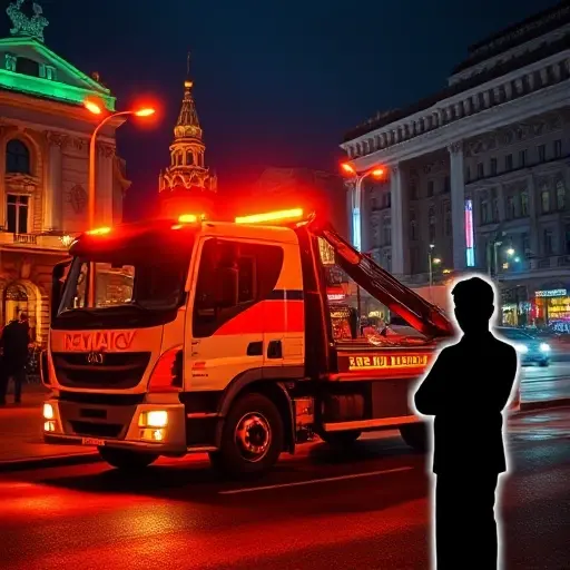 обратный звонок заказать круглосуточно эвакуатор москва A modern tow truck parked on a Moscow street at night, illuminated by streetlights and city neon signs, with a subtle visual cue of a phone call (like a faint glowing smartphone silhouette) indicating a 24/7 callback service, the scene conveys reliability and readiness without any text or logos