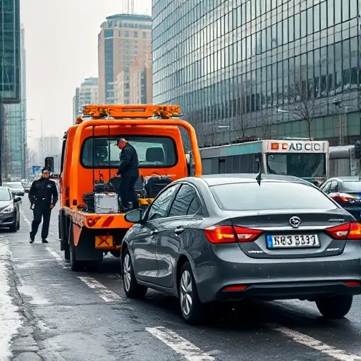 A busy Moscow street scene with a bright orange tow truck pulling a car that is illegally parked, city traffic police directing traffic, modern buildings in the background, winter atmosphere with light snow, realistic lighting and shadows, captured in the smallHQ style