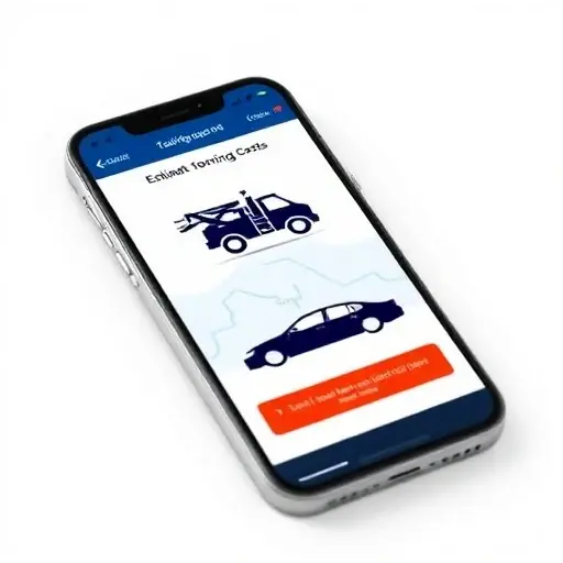 A smartphone screen showing a digital interface for estimating towing costs, featuring a tow truck icon, a map outline, and a car silhouette, all rendered in a clean, modern style with no text or numbers visible