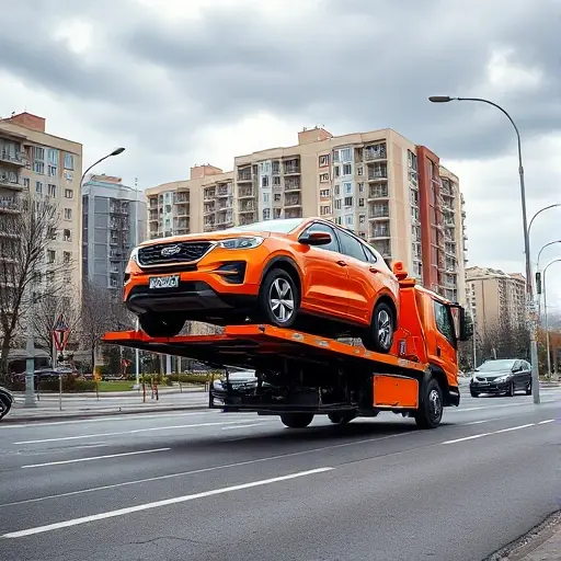A Moscow city street scene showing a bright orange tow truck lifting a parked car onto its platform, with typical Moscow apartment buildings and traffic signs in the background under a cloudy sky, illustrating a parking violation removal