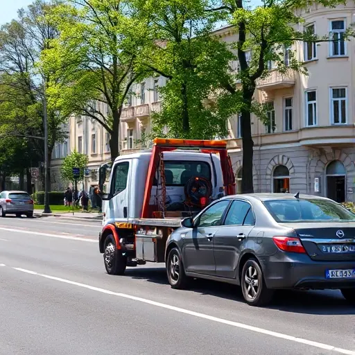 A realistic scene of a tow truck operating on a Moscow street in the South-Eastern Administrative Okrug, with typical Moscow buildings and trees in the background, the tow truck assisting a parked car, bright daylight, clean composition, no text or signage