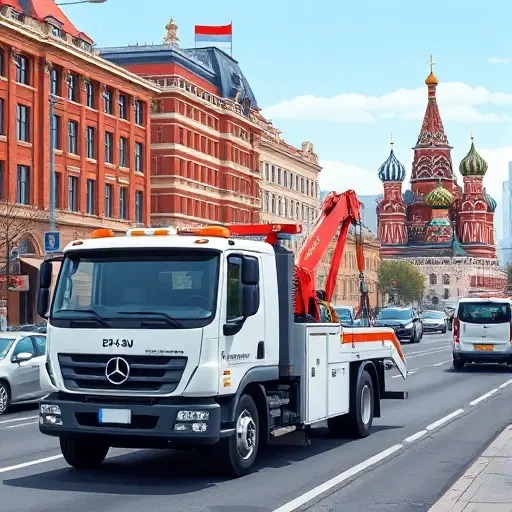 A realistic illustration of a modern tow truck with a crane and hook, parked on a busy Moscow street near recognizable landmarks such as the Kremlin silhouette and red brick buildings, with city traffic and a clear sky, focusing on the vehicle and urban environment without any text or signage