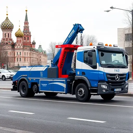 эвакуатор москва питер A modern tow truck with a bright blue and white livery parked on a city street, its large hook raised and holding a partially lifted car. The background features subtle hints of iconic city architecture, such as the Kremlin or St. Petersburg's canals, but no people or text.